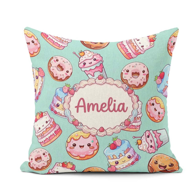 Custom Name Kawaii Donut Cake Cupcake Sweet Dessert Pattern Teal Square Filled Cushion Throw Pillow Sofa Bed Home Decor Zip Washable UK Made