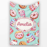 Cute Kawaii Donut Cake Cupcake Sweet Dessert Seamless Pattern Teal  Personalised Custom Name Super Soft Fleece Blanket Bed Sofa Throw