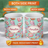 Personalized Custom Name Cute Kawaii Donut Cake Cupcake Sweet Dessert Seamless Pattern Teal 11oz Ceramic Coffee Tea Mug White Large Handle