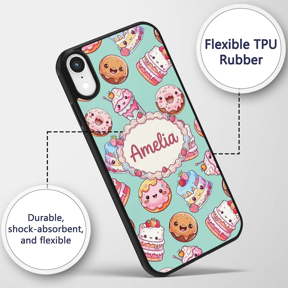 Cute Kawaii Donut Cake Cupcake Sweet Dessert Custom Name Protective Phone Case Mobile Cover Durable Everyday Smartphone Shock Resistant