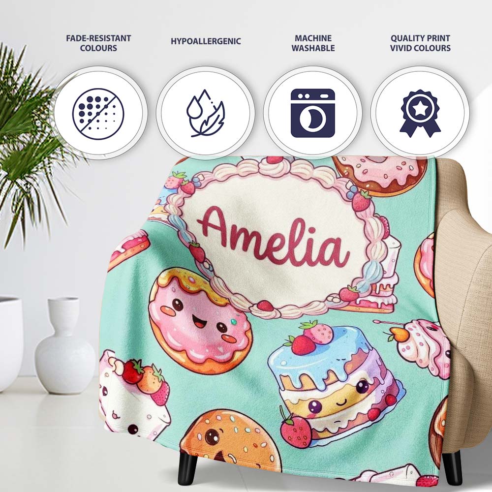 Cute Kawaii Donut Cake Cupcake Sweet Dessert Seamless Pattern Teal  Personalised Custom Name Super Soft Fleece Blanket Bed Sofa Throw