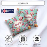 Custom Name Kawaii Donut Cake Cupcake Sweet Dessert Pattern Teal Square Filled Cushion Throw Pillow Sofa Bed Home Decor Zip Washable UK Made