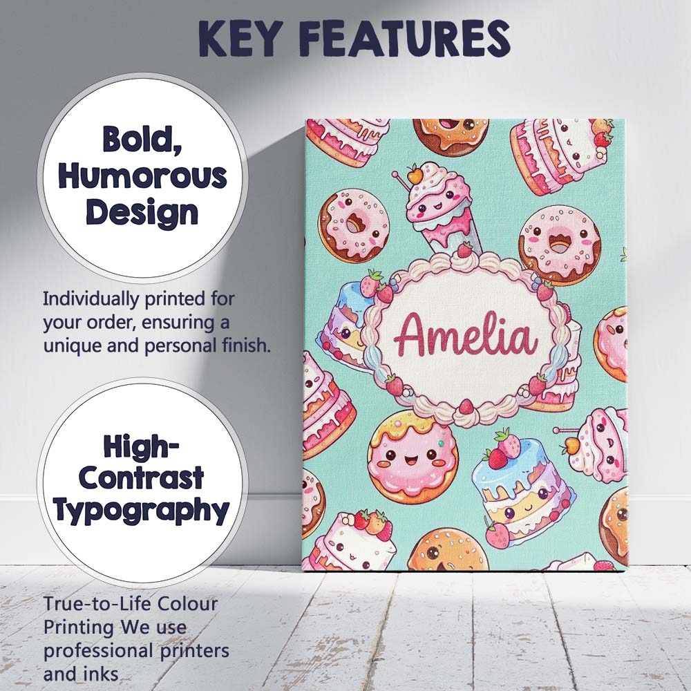 Personalised Name Cute Kawaii Donut Cake Custom  Unique Gift Idea Elegant Feature Canvas Wall Art Print Decor Picture Ready to Hang