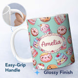 Personalized Custom Name Cute Kawaii Donut Cake Cupcake Sweet Dessert Seamless Pattern Teal 11oz Ceramic Coffee Tea Mug White Large Handle