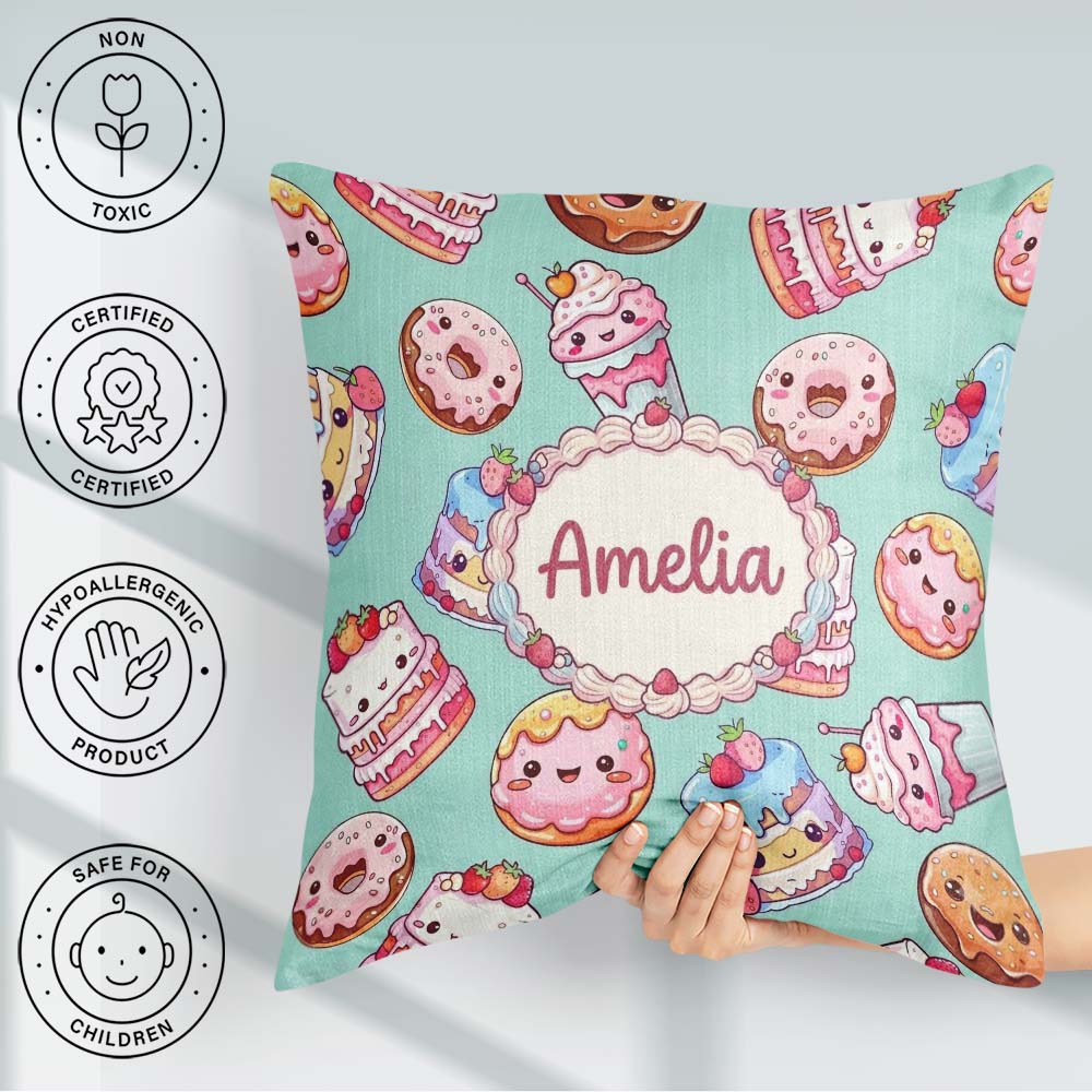 Custom Name Kawaii Donut Cake Cupcake Sweet Dessert Pattern Teal Square Filled Cushion Throw Pillow Sofa Bed Home Decor Zip Washable UK Made