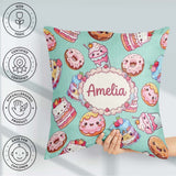 Custom Name Kawaii Donut Cake Cupcake Sweet Dessert Pattern Teal Square Filled Cushion Throw Pillow Sofa Bed Home Decor Zip Washable UK Made