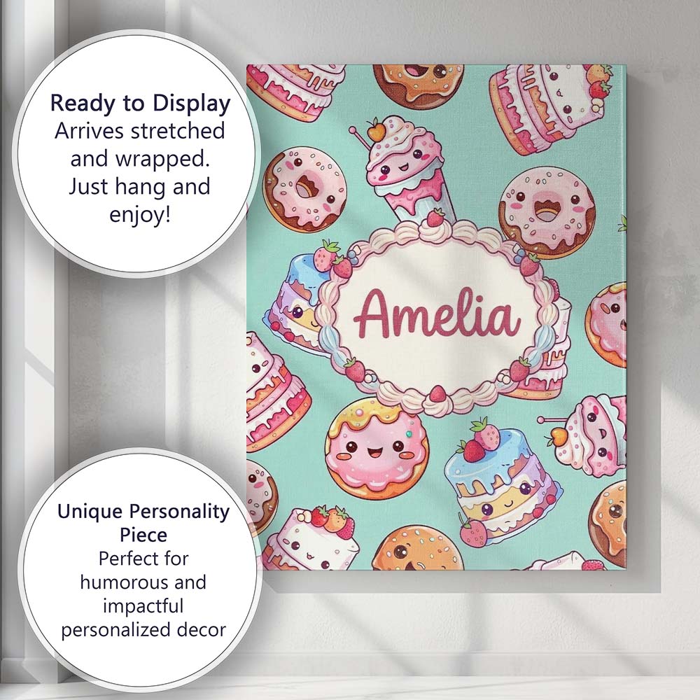 Personalised Name Cute Kawaii Donut Cake Custom  Unique Gift Idea Elegant Feature Canvas Wall Art Print Decor Picture Ready to Hang