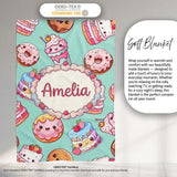 Cute Kawaii Donut Cake Cupcake Sweet Dessert Seamless Pattern Teal  Personalised Custom Name Super Soft Fleece Blanket Bed Sofa Throw