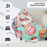Cute Kawaii Donut Cake Cupcake Sweet Dessert Seamless Pattern Teal  Personalised Custom Name Super Soft Fleece Blanket Bed Sofa Throw