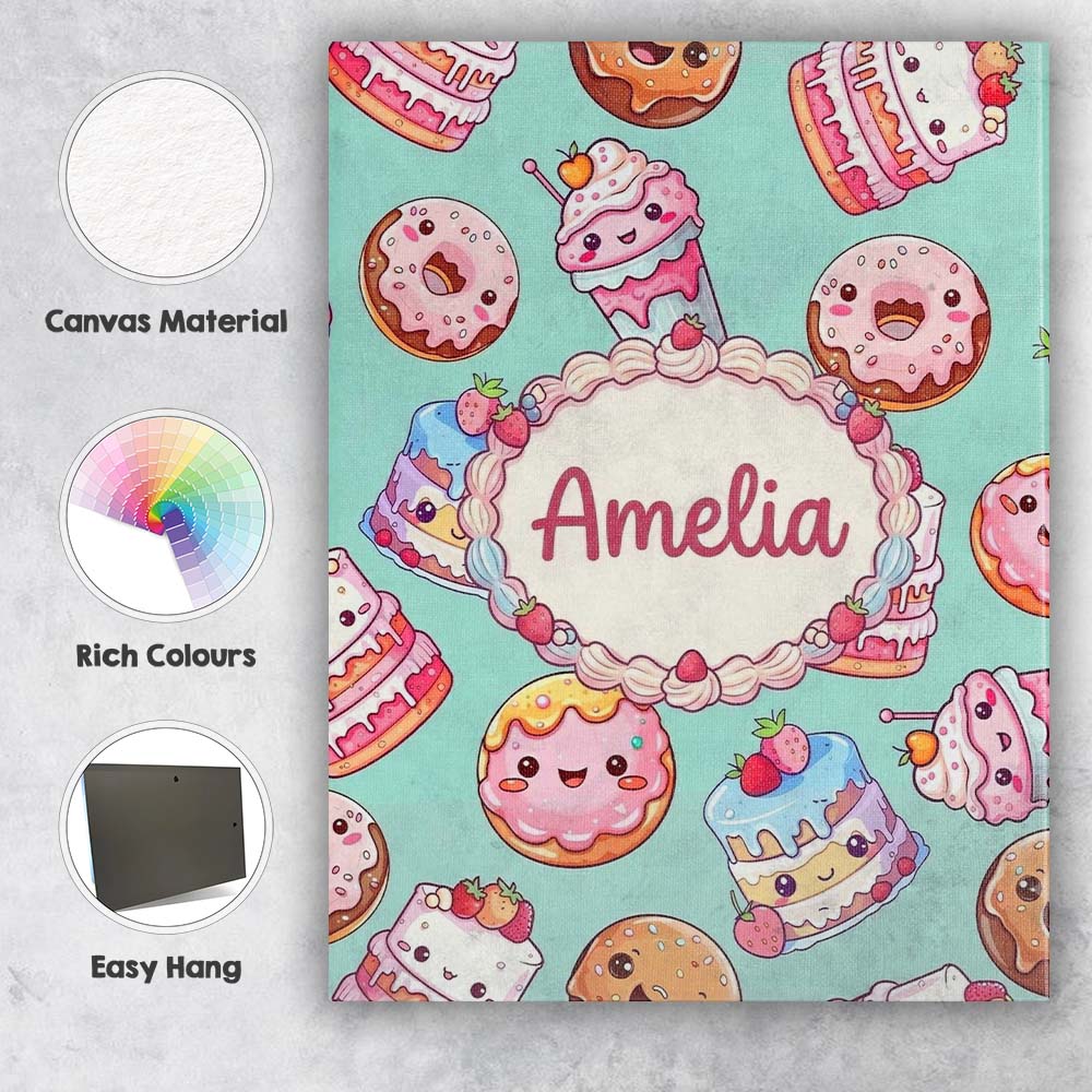 Personalised Name Cute Kawaii Donut Cake Custom  Unique Gift Idea Elegant Feature Canvas Wall Art Print Decor Picture Ready to Hang