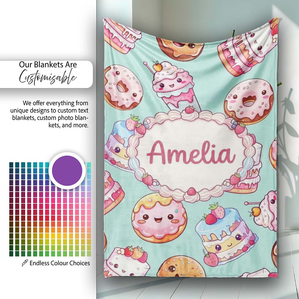 Cute Kawaii Donut Cake Cupcake Sweet Dessert Seamless Pattern Teal  Personalised Custom Name Super Soft Fleece Blanket Bed Sofa Throw