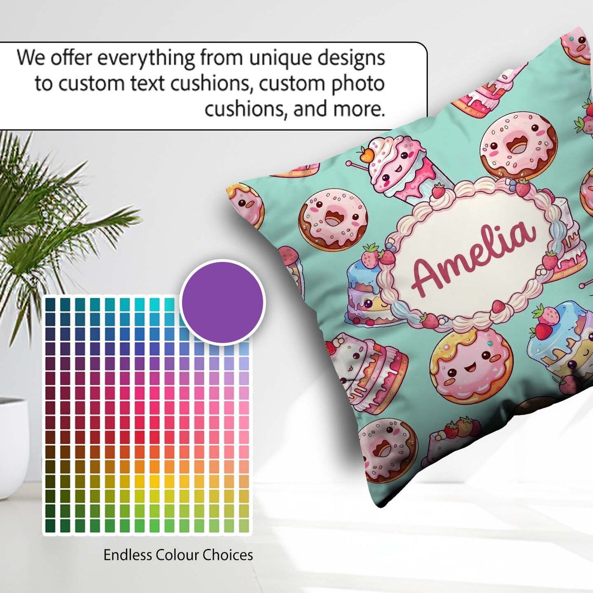 Custom Name Kawaii Donut Cake Cupcake Sweet Dessert Pattern Teal Square Filled Cushion Throw Pillow Sofa Bed Home Decor Zip Washable UK Made