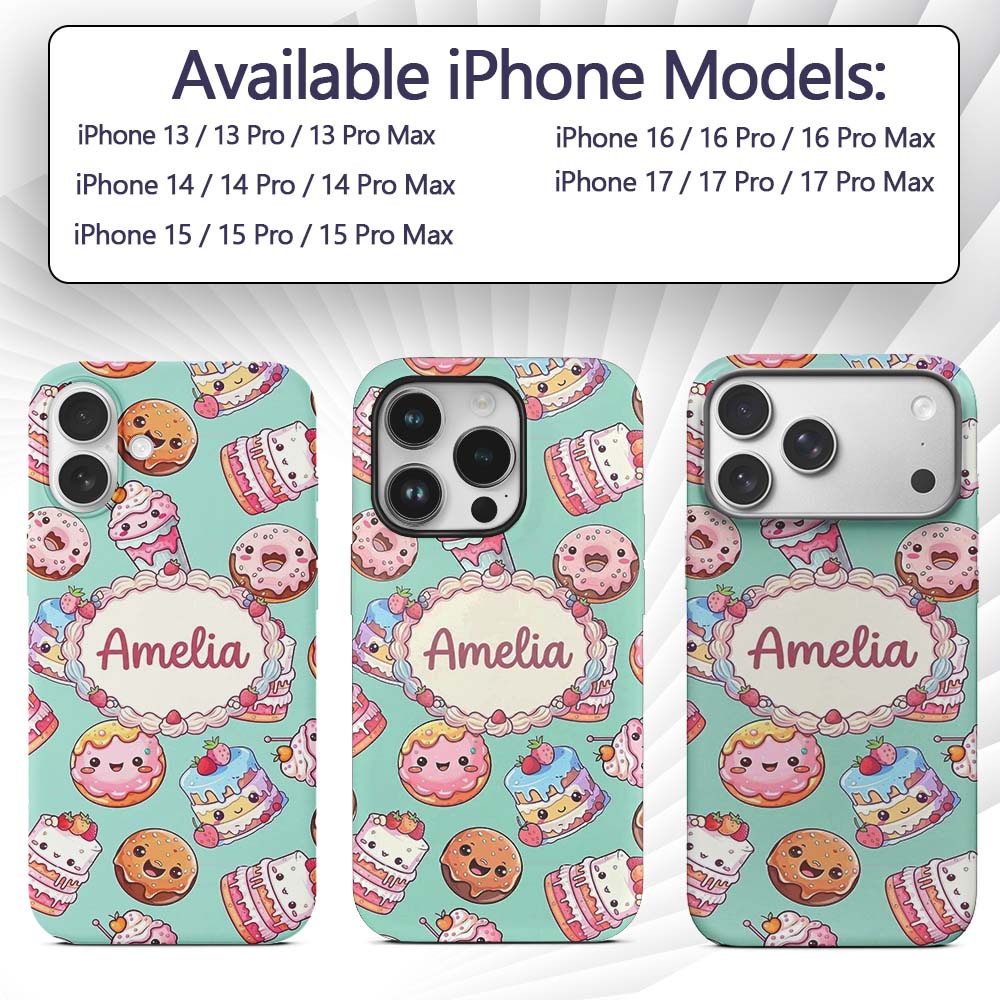 Cute Kawaii Donut Cake Cupcake Sweet Dessert Custom Name Protective Phone Case Mobile Cover Durable Everyday Smartphone Shock Resistant