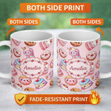 Personalized Custom Name Kawaii Donut Cake Cupcake Sweet Dessert Seamless Pattern Soft Blush 11oz Ceramic Coffee Tea Mug White Large Handle