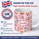 Personalized Custom Name Kawaii Donut Cake Cupcake Sweet Dessert Seamless Pattern Soft Blush 11oz Ceramic Coffee Tea Mug White Large Handle