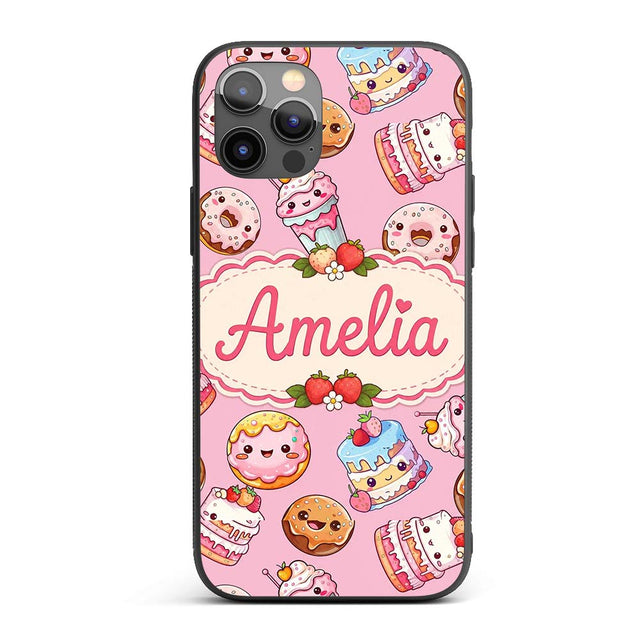 Kawaii Donut Cake Cupcake Sweet Dessert Seamless Custom Name Protective Phone Case Mobile Cover Durable Everyday Smartphone Shock Resistant