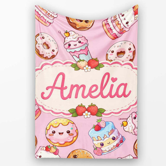 Kawaii Donut Cake Cupcake Sweet Dessert Seamless Pattern Warm Pink  Personalised Custom Name Super Soft Fleece Blanket Bed Sofa Throw