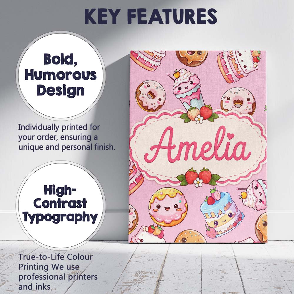 Personalised Name Kawaii Donut Cake Cupcake Custom  Bespoke Interior Contemporary Canvas Wall Art Print Decor Picture Ready to Hang