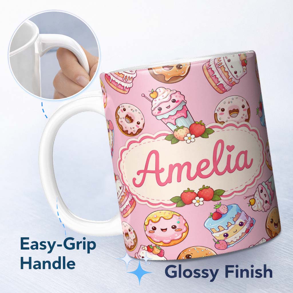 Personalized Custom Name Kawaii Donut Cake Cupcake Sweet Dessert Seamless Pattern Warm Pink 11oz Ceramic Coffee Tea Mug White Large Handle