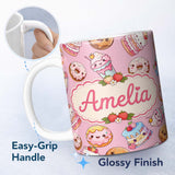 Personalized Custom Name Kawaii Donut Cake Cupcake Sweet Dessert Seamless Pattern Warm Pink 11oz Ceramic Coffee Tea Mug White Large Handle