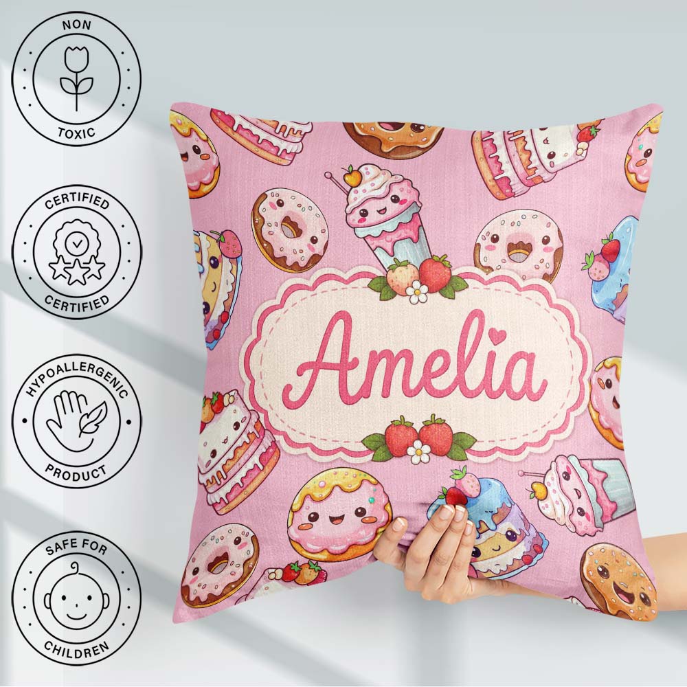 Custom Name Kawaii Donut Cake Cupcake Sweet Dessert Pattern Warm Square Filled Cushion Throw Pillow Sofa Bed Home Decor Zip Washable UK Made