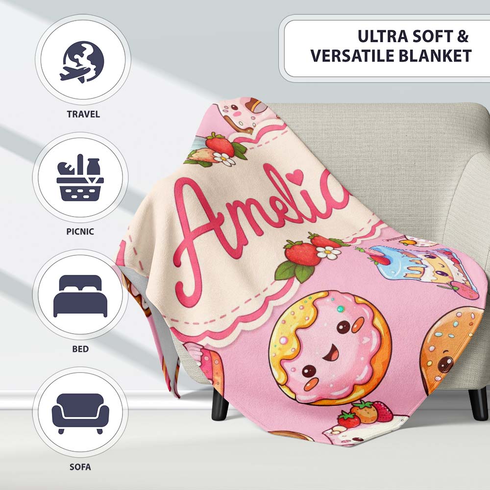 Kawaii Donut Cake Cupcake Sweet Dessert Seamless Pattern Warm Pink  Personalised Custom Name Super Soft Fleece Blanket Bed Sofa Throw