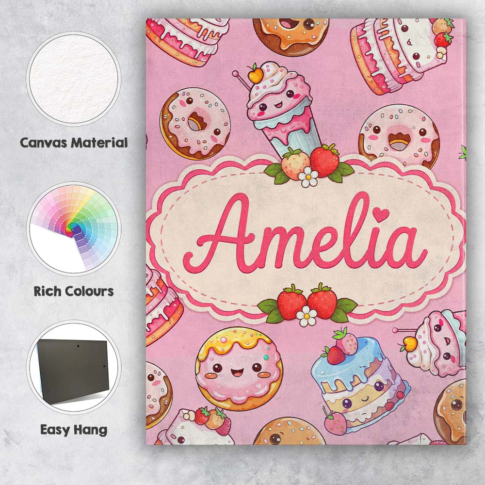 Personalised Name Kawaii Donut Cake Cupcake Custom  Bespoke Interior Contemporary Canvas Wall Art Print Decor Picture Ready to Hang