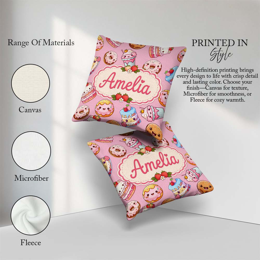 Custom Name Kawaii Donut Cake Cupcake Sweet Dessert Pattern Warm Square Filled Cushion Throw Pillow Sofa Bed Home Decor Zip Washable UK Made