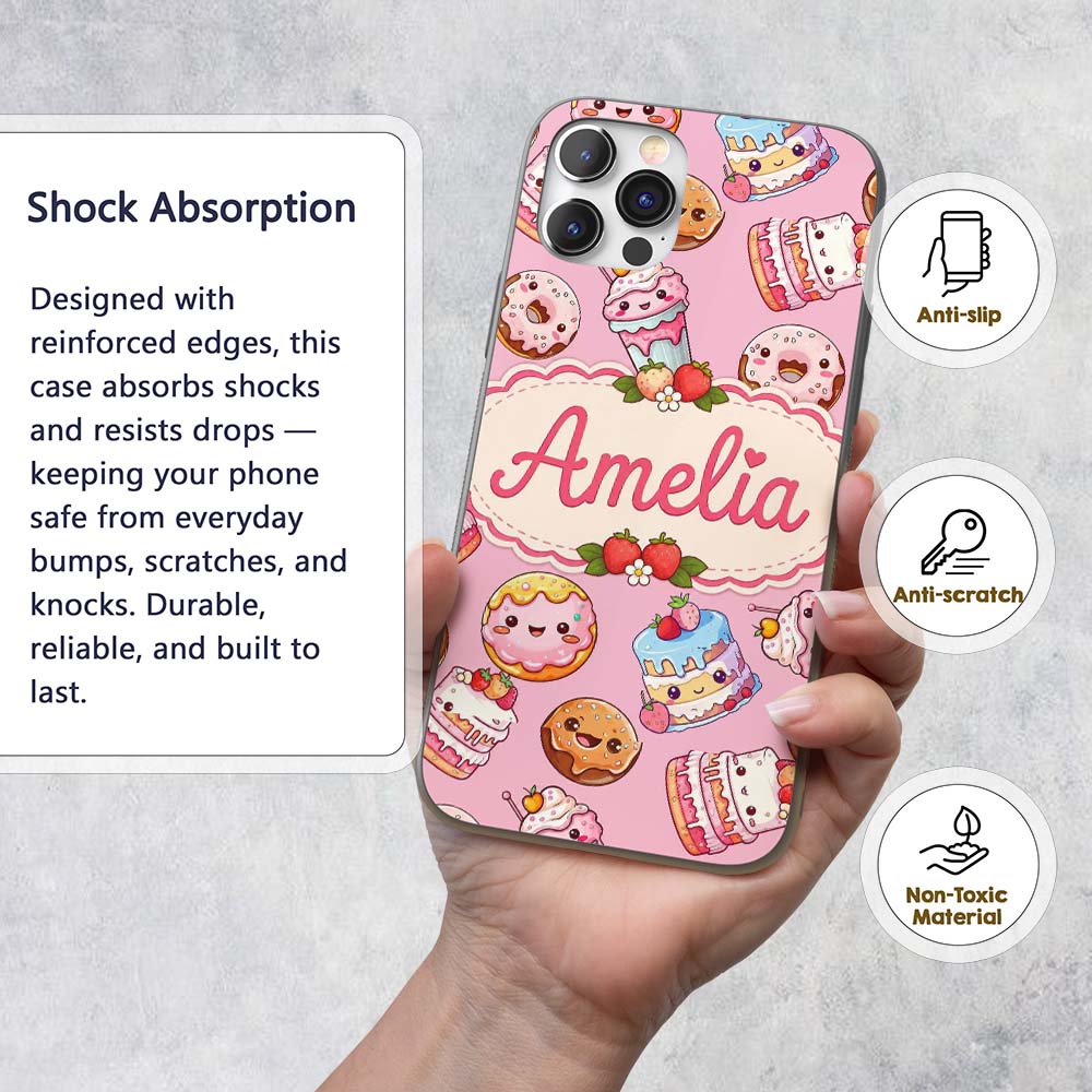 Kawaii Donut Cake Cupcake Sweet Dessert Seamless Custom Name Protective Phone Case Mobile Cover Durable Everyday Smartphone Shock Resistant