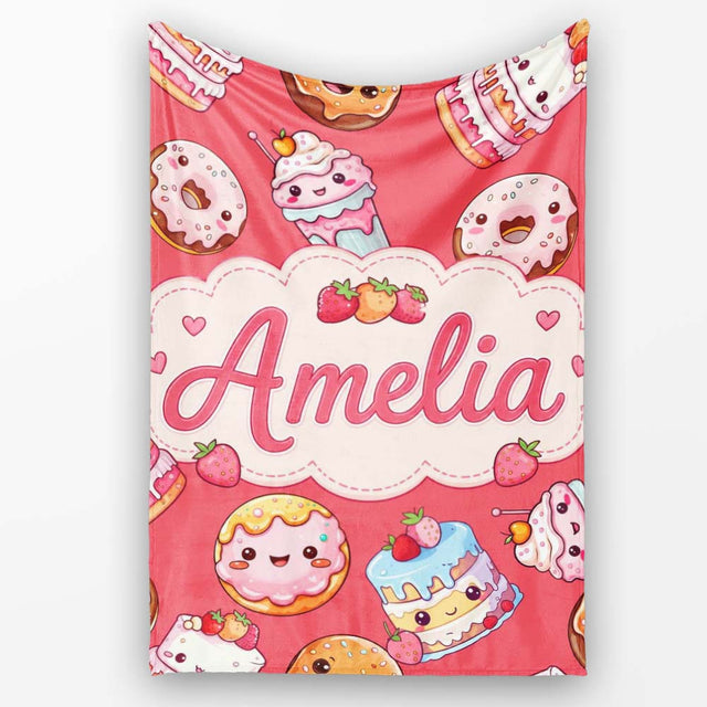 Kawaii Donut Cake Cupcake Sweet Dessert Seamless Pattern Coral Red  Personalised Custom Name Super Soft Fleece Blanket Bed Sofa Throw