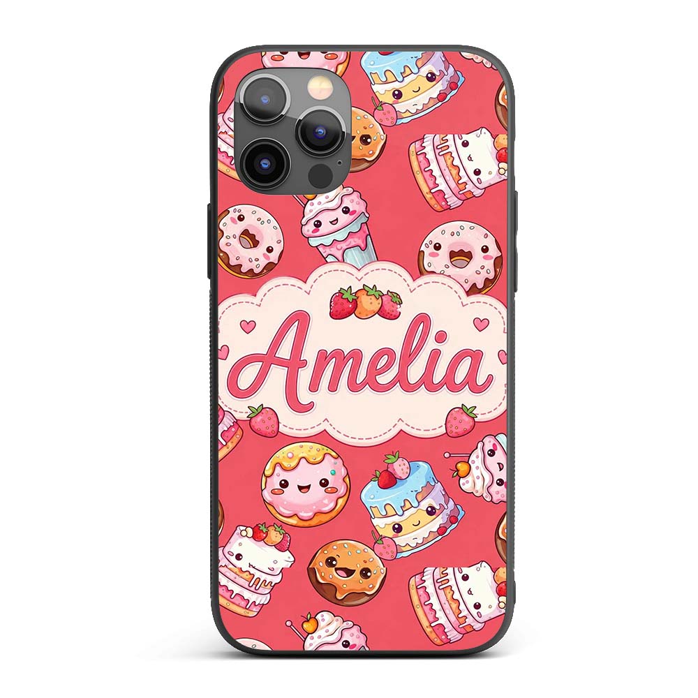 Kawaii Donut Cake Cupcake Sweet Dessert Seamless Custom Name Protective Phone Case Mobile Cover Durable Everyday Smartphone Shock Resistant