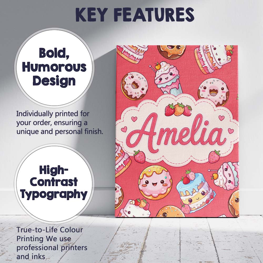 Personalised Name Kawaii Donut Cake Cupcake Custom  Bespoke Interior Contemporary Canvas Wall Art Print Decor Picture Ready to Hang