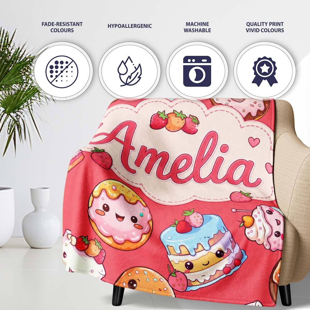 Kawaii Donut Cake Cupcake Sweet Dessert Seamless Pattern Coral Red  Personalised Custom Name Super Soft Fleece Blanket Bed Sofa Throw