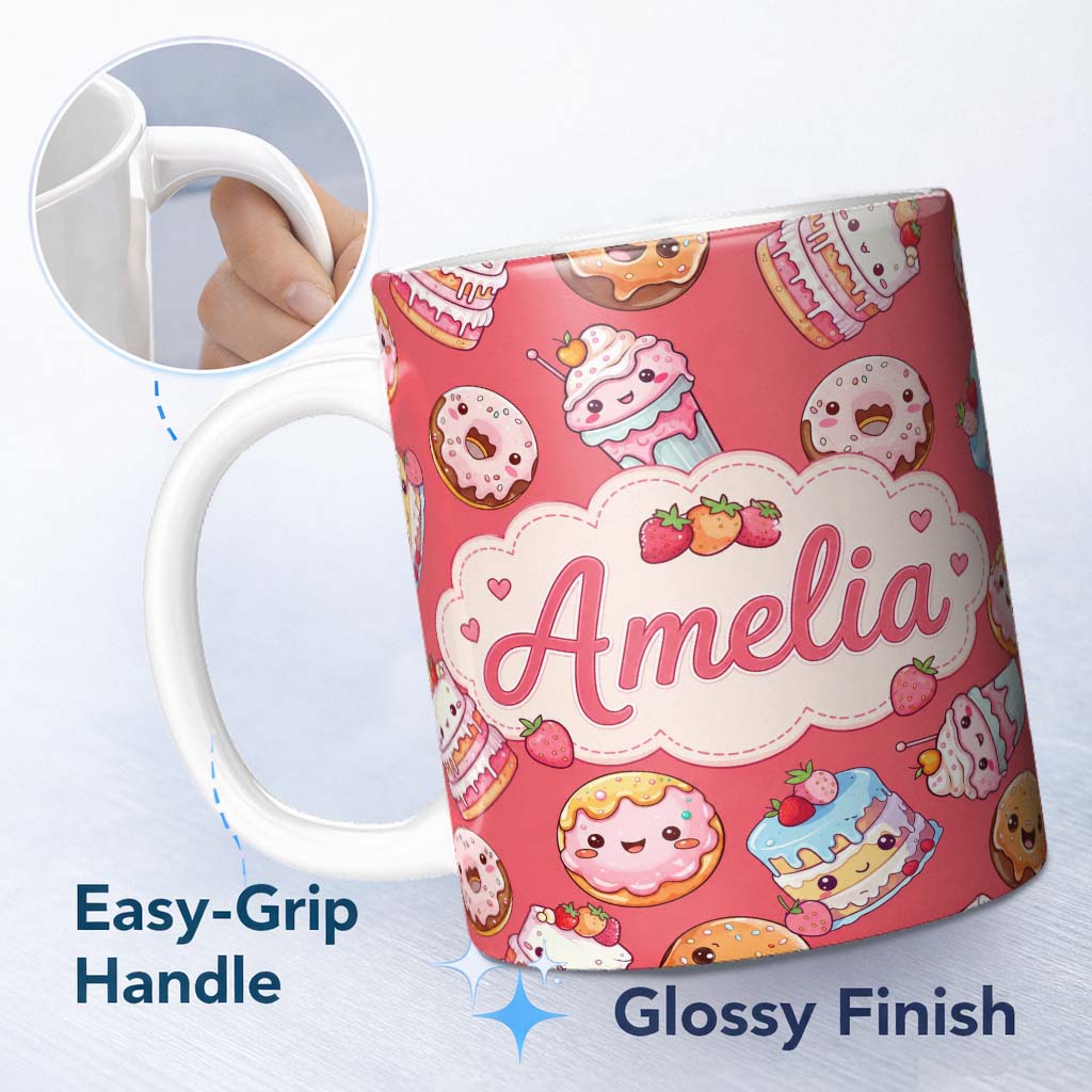 Personalized Custom Name Kawaii Donut Cake Cupcake Sweet Dessert Seamless Pattern Coral Red 11oz Ceramic Coffee Tea Mug White Large Handle
