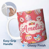 Personalized Custom Name Kawaii Donut Cake Cupcake Sweet Dessert Seamless Pattern Coral Red 11oz Ceramic Coffee Tea Mug White Large Handle