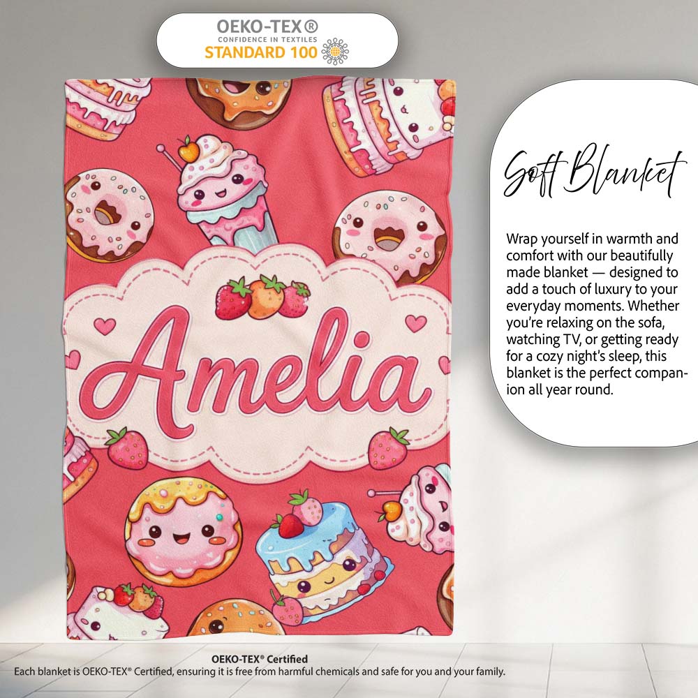 Kawaii Donut Cake Cupcake Sweet Dessert Seamless Pattern Coral Red  Personalised Custom Name Super Soft Fleece Blanket Bed Sofa Throw