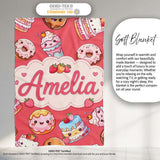 Kawaii Donut Cake Cupcake Sweet Dessert Seamless Pattern Coral Red  Personalised Custom Name Super Soft Fleece Blanket Bed Sofa Throw