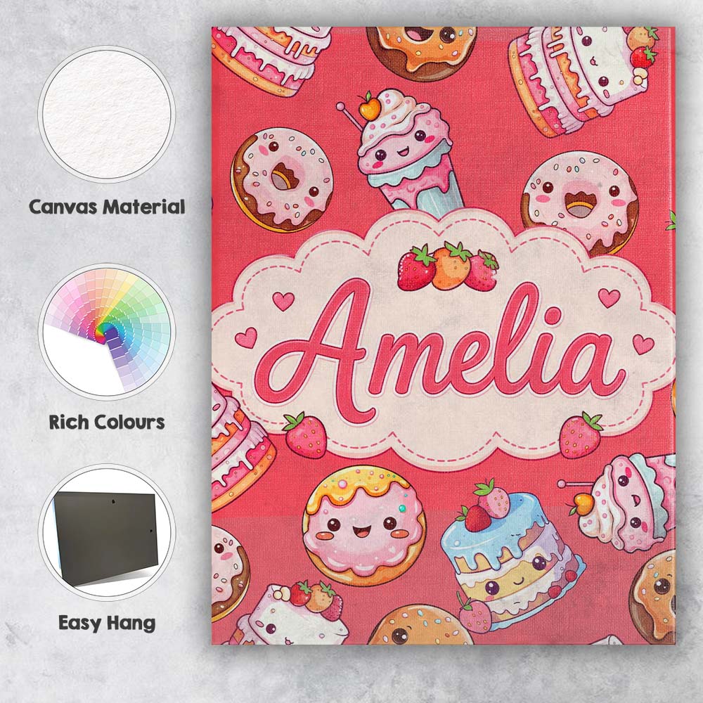 Personalised Name Kawaii Donut Cake Cupcake Custom  Bespoke Interior Contemporary Canvas Wall Art Print Decor Picture Ready to Hang