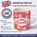 Personalized Custom Name Kawaii Donut Cake Cupcake Sweet Dessert Seamless Pattern Coral Red 11oz Ceramic Coffee Tea Mug White Large Handle