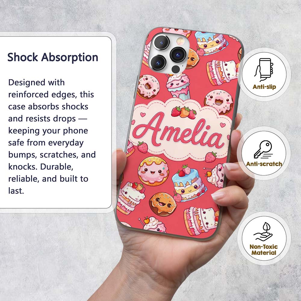 Kawaii Donut Cake Cupcake Sweet Dessert Seamless Custom Name Protective Phone Case Mobile Cover Durable Everyday Smartphone Shock Resistant
