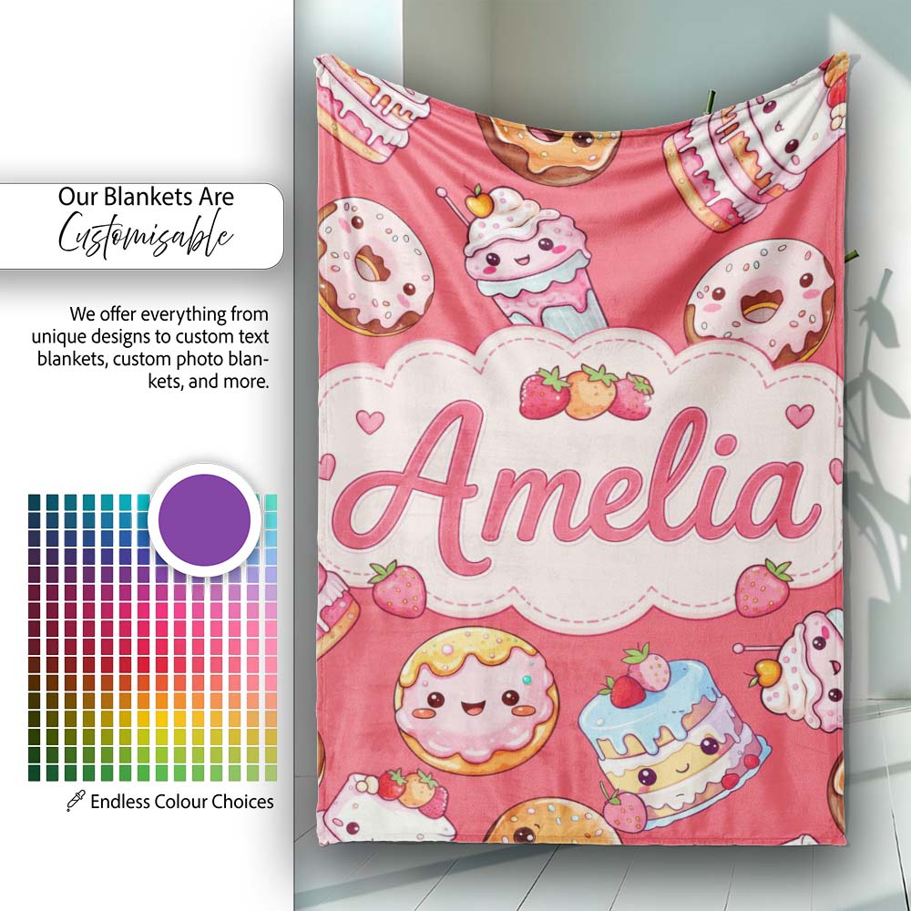 Kawaii Donut Cake Cupcake Sweet Dessert Seamless Pattern Coral Red  Personalised Custom Name Super Soft Fleece Blanket Bed Sofa Throw
