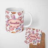 Personalized Custom Name Kawaii Donut Cake Cupcake Sweet Dessert Seamless Pattern Light Grey 11oz Ceramic Coffee Tea Mug White Large Handle