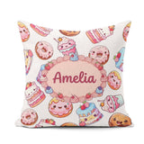 Custom Name Kawaii Donut Cake Cupcake Sweet Dessert Pattern Grey Square Filled Cushion Throw Pillow Sofa Bed Home Decor Zip Washable UK Made