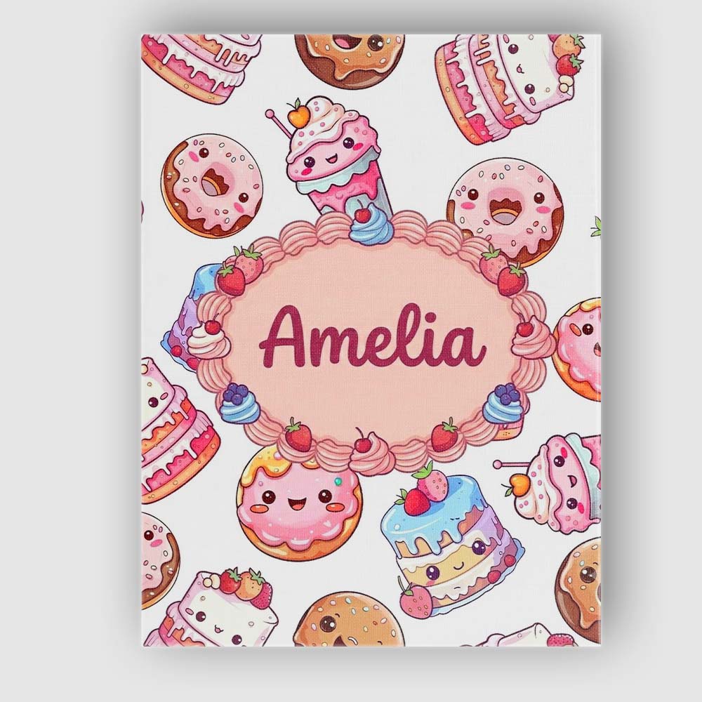 Personalised Name Kawaii Donut Cake Cupcake Custom  Bespoke Interior Contemporary Canvas Wall Art Print Decor Picture Ready to Hang