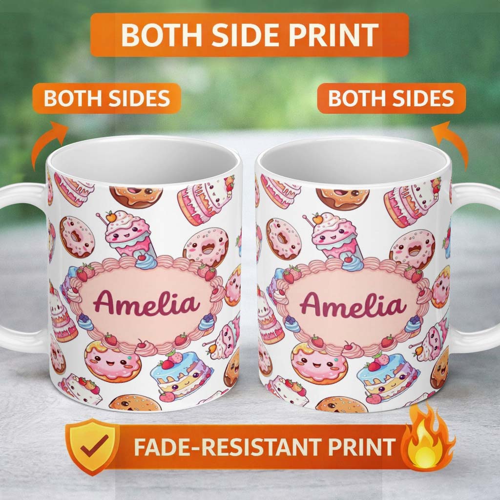 Personalized Custom Name Kawaii Donut Cake Cupcake Sweet Dessert Seamless Pattern Light Grey 11oz Ceramic Coffee Tea Mug White Large Handle