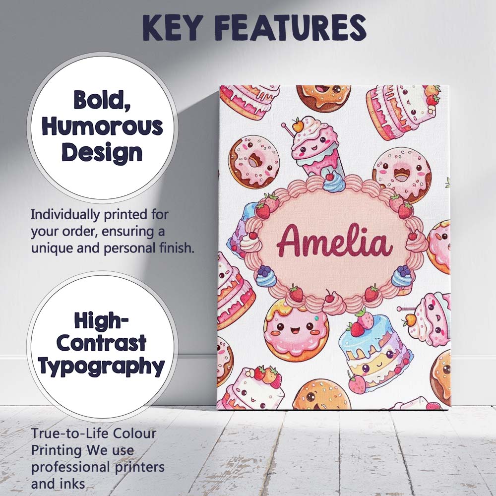 Personalised Name Kawaii Donut Cake Cupcake Custom  Bespoke Interior Contemporary Canvas Wall Art Print Decor Picture Ready to Hang