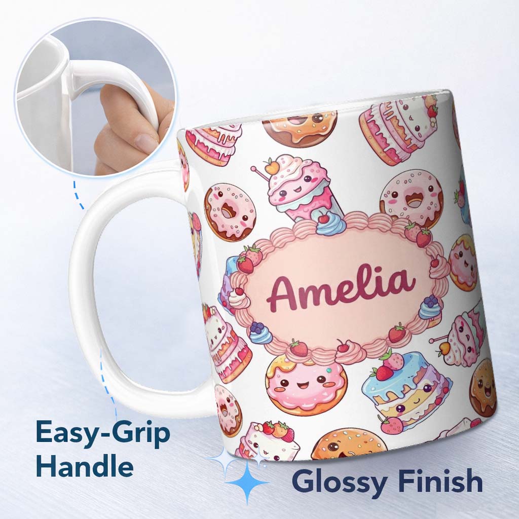 Personalized Custom Name Kawaii Donut Cake Cupcake Sweet Dessert Seamless Pattern Light Grey 11oz Ceramic Coffee Tea Mug White Large Handle