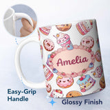 Personalized Custom Name Kawaii Donut Cake Cupcake Sweet Dessert Seamless Pattern Light Grey 11oz Ceramic Coffee Tea Mug White Large Handle