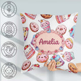 Custom Name Kawaii Donut Cake Cupcake Sweet Dessert Pattern Grey Square Filled Cushion Throw Pillow Sofa Bed Home Decor Zip Washable UK Made