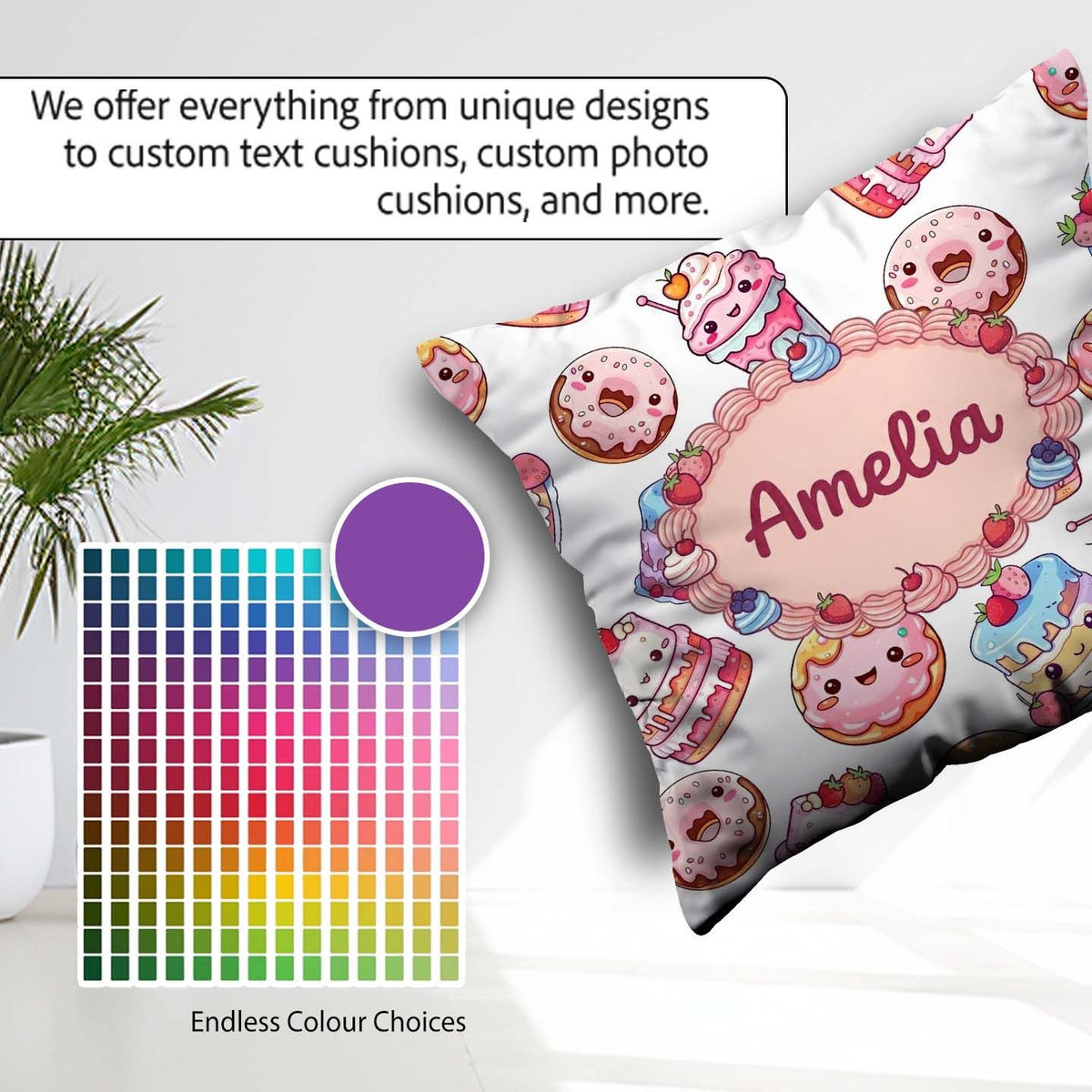 Custom Name Kawaii Donut Cake Cupcake Sweet Dessert Pattern Grey Square Filled Cushion Throw Pillow Sofa Bed Home Decor Zip Washable UK Made